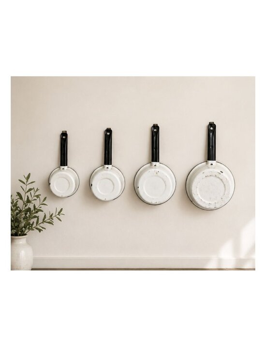 None Other - Vintage White Enamelware Saucepan Set of 4 | Black Trim Nesting Pots | Farmhouse
